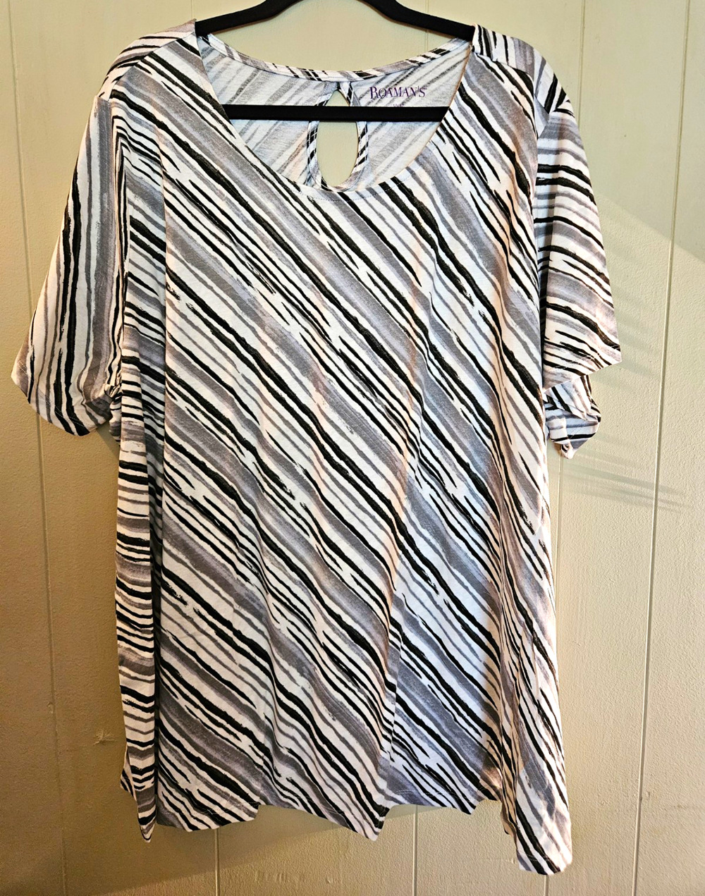 Roaman's Size 3X Plus Black White Gray Striped Knit Round Neck Cotton T-Shirt